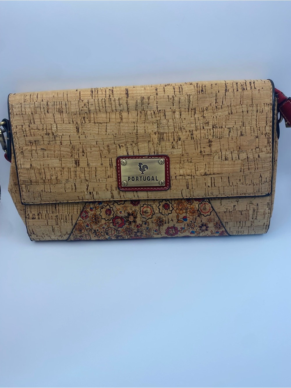 Cork Crossbody Bag in Natural with Red Trim and Floral Accent
